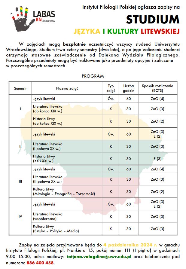 Plakat studium języka i kultury litewskiej w roku 2024